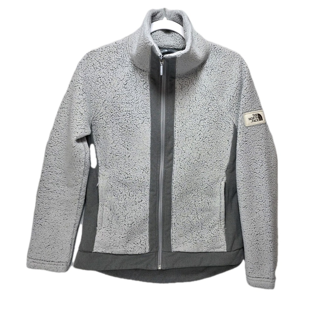 Vtg The North Face Furry Fleece Full Zip Jacket Womens Small Gray High Neck Logo